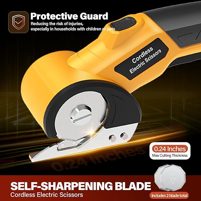 Electric Scissors, Cardboard Cutter with 2 Blades, Safety Lock & LED Light – Cordless Electric Scissors for Cutting Box, Carpet, Fabric, Plastic, and Leather