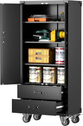 Aobabo Garage Metal Storage Cabinet with Wheels, Lockable Steel Storage Cabinet with 2 Large Drawer and 3 Adjustable Shelves, for Home, Office, Classroom, Black, Assembly Required