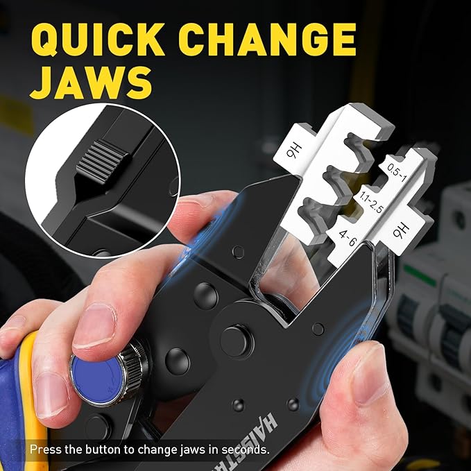 haisstronica Quick Change Jaws Crimping Tool for Open Barrel Terminals AWG 20-10 Ratcheting Wire Crimper & Terminals - H6