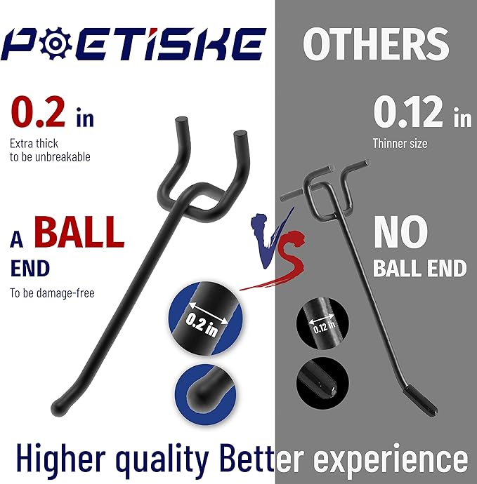 POETISKE Pegboard Hooks 0.2” Diameter 10 inch Black Metal Ball Ending Garden Tool Organizer Fits 1/4’’ Pegboard Garage Wall Hooks 50PCS