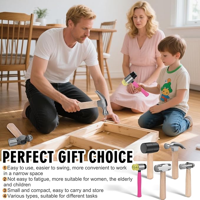 5Pcs Small Hammer Set - 10oz Rubber Mallet Hammer, 18oz Mini Sledge Hammer, 12oz Double-Faced Mallet, 11oz Ball Peen Hammer, 10oz Claw Hammer with Short Wood Handle for Lightweight Home Repair & Craft