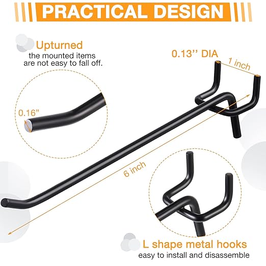 Shimeyao 100 Pcs Peg Board Shelving Hooks Stainless Steel Hanging Board Pegs Wall Display Hooks Bulk for 1/8 1/4 Garage Storage Organizer Accessories(6 Inch,Black)