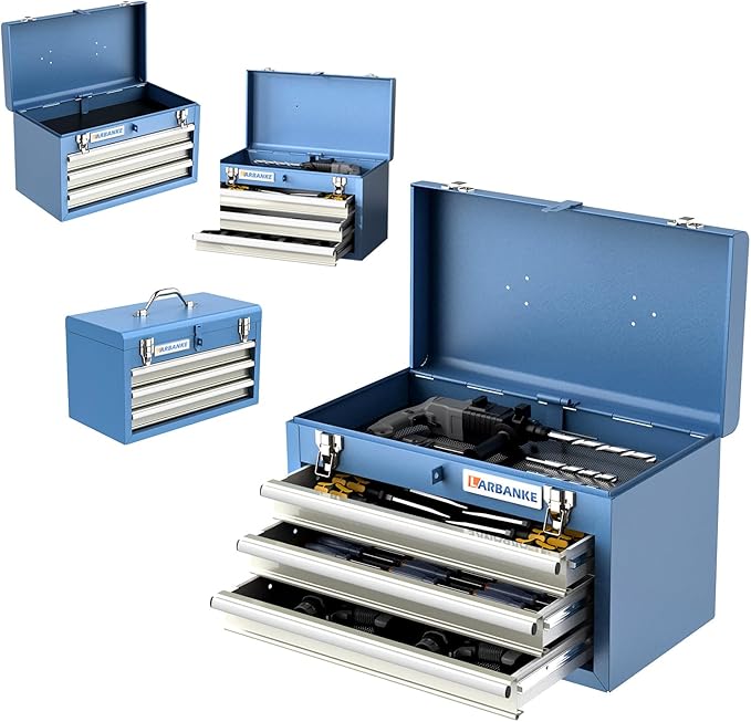 Metal Tool Box,3 Drawer Tool Box with Top Storage Tray, Portable Tool Chest with Locking System and Drawer Liner, Hand Carrying Tool Chest for Garage,Home or Workbench