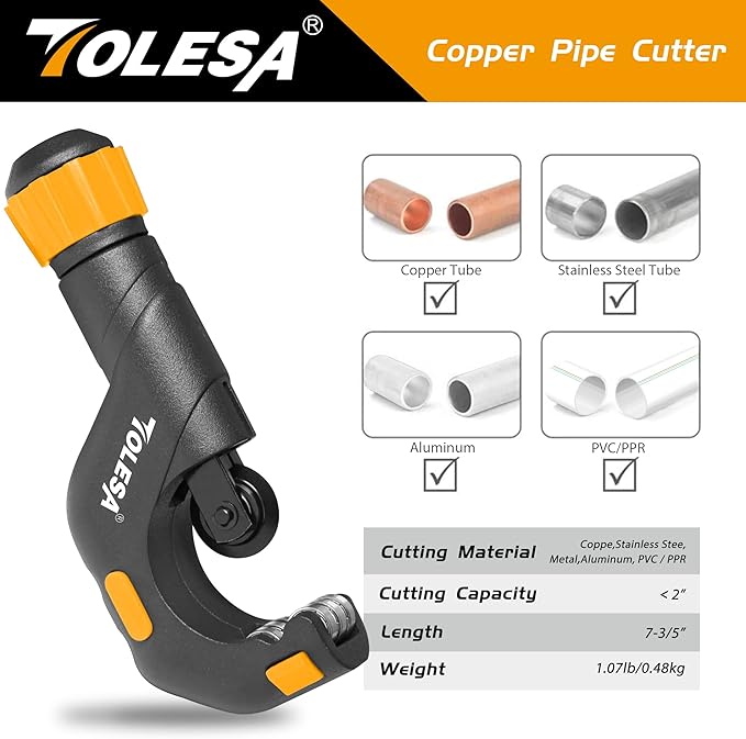 TOLESA Pipe Cutter Tool 3/16-2 Inch(5-50mm) Heavy Duty Metal Pipe Cutter With Deburring Tool Pipe Reamer Sharp Copper Tube Cutter Speed Cutting Tubing Cutter For Stainless Steel Aluminum Brass Pipe