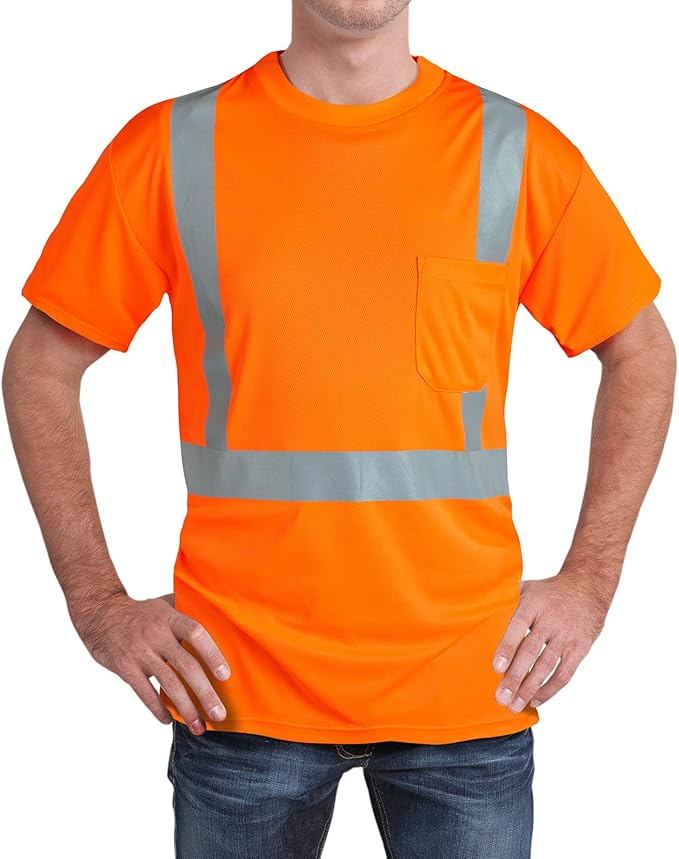 High Visibility Shirts Quick Dry Safety T Shirts with Reflective Strips and Pocket Short Sleeve Mesh Hi Vis Construction Work Class 2 Shirt for Men/Women Orange,Medium