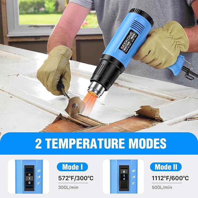 SEEKONE Heat Gun, 1800W Heavy Duty Hot Air Gun Kit Dual-temperature Setting 572℉&1112℉, Hot Heat Gun with Overheat Protection, 4 Nozzles Included, for Shrinking PVC, Stripping Paint, Crafts (5.2ft)