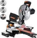 Updated 10-Inch Sliding Miter Saw, Multi-Material Cutting w/ 3 x TCT Blades, Ambidextrous Operation, 5000/3200RPM Speed, Laser Guide, 0-45° Bevel Cut, Max Cut 3.5x13.4in, 9 Positive Stops
