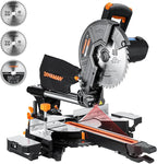 Updated 10-Inch Sliding Miter Saw, Multi-Material Cutting w/ 3 x TCT Blades, Ambidextrous Operation, 5000/3200RPM Speed, Laser Guide, 0-45° Bevel Cut, Max Cut 3.5x13.4in, 9 Positive Stops