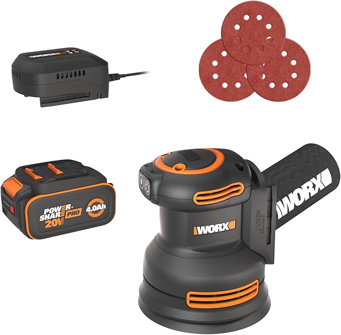 Worx 20V Cordless Random Orbital Sander, Brushless, 150/120/80 Grit Sanding Paper, Cordless Orbital Sander with 1 x 4.0 Ah Battery and 1 X 2 A Fast Charger, WX823L