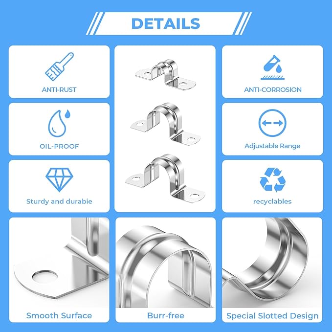 60Pcs 5/8 Inch (16mm) 304 Stainless Steel Conduit Clamps, U-Tube Strap Pipe Clamp Two Hole Strap U Bracket Rigid Pipe Strap Clamps Metal Conduit Strap Tension Clips U-tube Clamp Heavy Duty