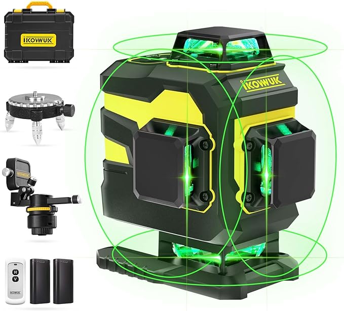 IKOVWUK 4x360° Laser Level Pro Kit, Self-leveling Tool for Construction, Tiling Floor & Picture Hanging, 4D Cross Line Laser Level with Fine-tuning Bracket, 16 Lines Laser level with 2*4000mAh Battery