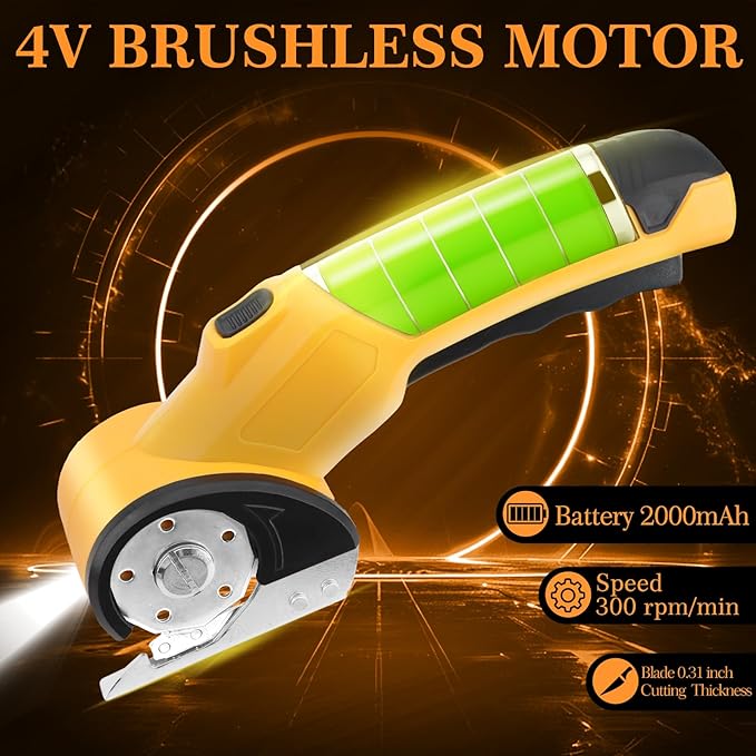 Electric Box Cutter, Portable Cordless Electric Rotary Scissors for Cardboard Carpet Leather, Rechargeable Heavy Duty Shears with LED Light, Safety Lock, Blade, Box - 4V, 2000mAh, Type-C