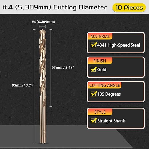 Drill Bit, #4 Cutting Diameter, 4341 HSS Gold Finish 135° Cutting Angle Number Jobber Bits - (Applications: for Drilling Soft Metal Plastic Wood), 10-Pieces