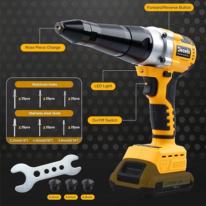 Cordless Rivet Gun Electric Compatible with Dewalt 20V Max Battery, Brushless Cordless Rivet Tool Kit, Pop Rivet Gun with 3 Size (1/8", 5/32", 3/16") Rivets & Rivet Head, Led Light (Tool Only)