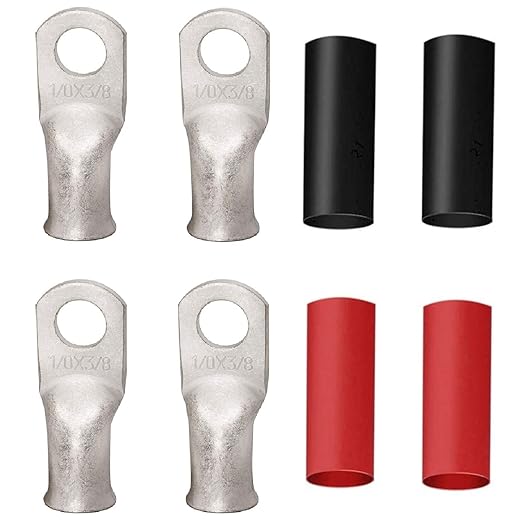 0 Gauge Lugs 4 PCS 1/0 AWG - 3/8'' Tinned Copper Cable Lugs Wire Lugs UL Listed 0 Gauge Ring Terminals Battery Cable Ends Heavy Duty Closed End Crimp Connectors with 4 PCS 3:1 Heat Shrink Tubing