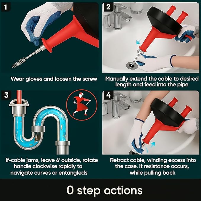 50 FT Drain Snake Hair Drain Clog Remover, Manual Or Powered, Plumbing Snake With Drill Adapte,Unclog Sink Drain Tool, Drain Auger for Toilet、Shower、Kitchen、Sink, No Auto Retract Or Feed, Red