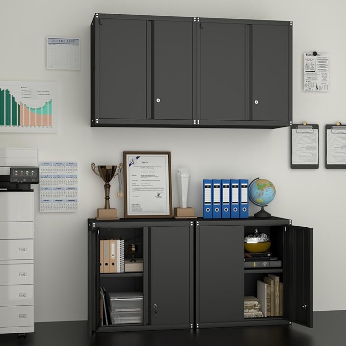 Metal Garage Wall Cabinet, Metal Wall Mounted Storage Cabinets with Lockable Doors and Adjustable Shelves, Floating Tool Cabinet for Garage, Home Office, Kitchen,Black