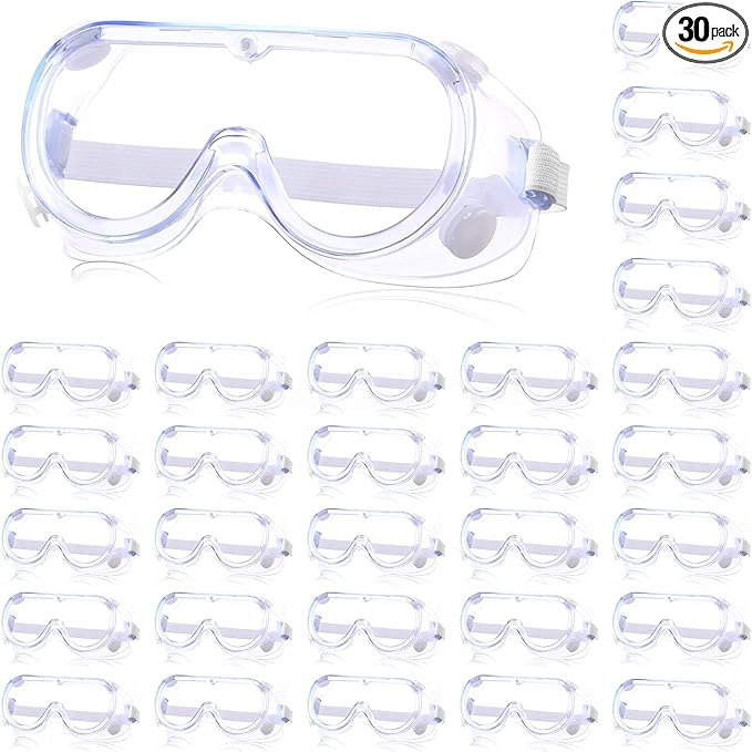 Yunsailing 30 Pack Protective Safety Goggles Clear Lab Over Glasses Anti Fog Eye Protection Goggles for Men Women(Clear White)