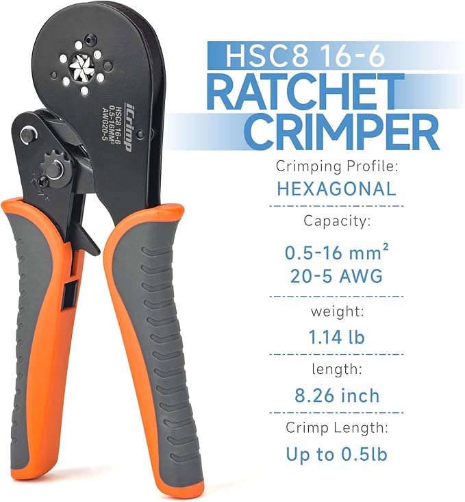 iCrimp Hexagonal Ratchet Crimper for End Sleeves and Ferrules 0.5-16mm2 AWG 20-5