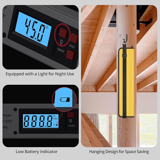 BINTA Digital Angle Finder 0-225° Range, Backlit LCD Aluminum Angle Finder Tool with Horizontal/Vertical Dual Bubble Meter Storage Bag for Woodworking, Machinery, Construction, DIY(Silver)