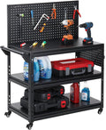 Workbench with Dual Pegboards 3-Tier Adjustable Rolling Work Table Heavy Duty Metal Tool Bench with Push Handle & Wheels Mobile Workstation for Garage, Workshop, Warehouse
