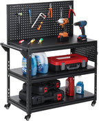 Workbench with Dual Pegboards 3-Tier Adjustable Rolling Work Table Heavy Duty Metal Tool Bench with Push Handle & Wheels Mobile Workstation for Garage, Workshop, Warehouse