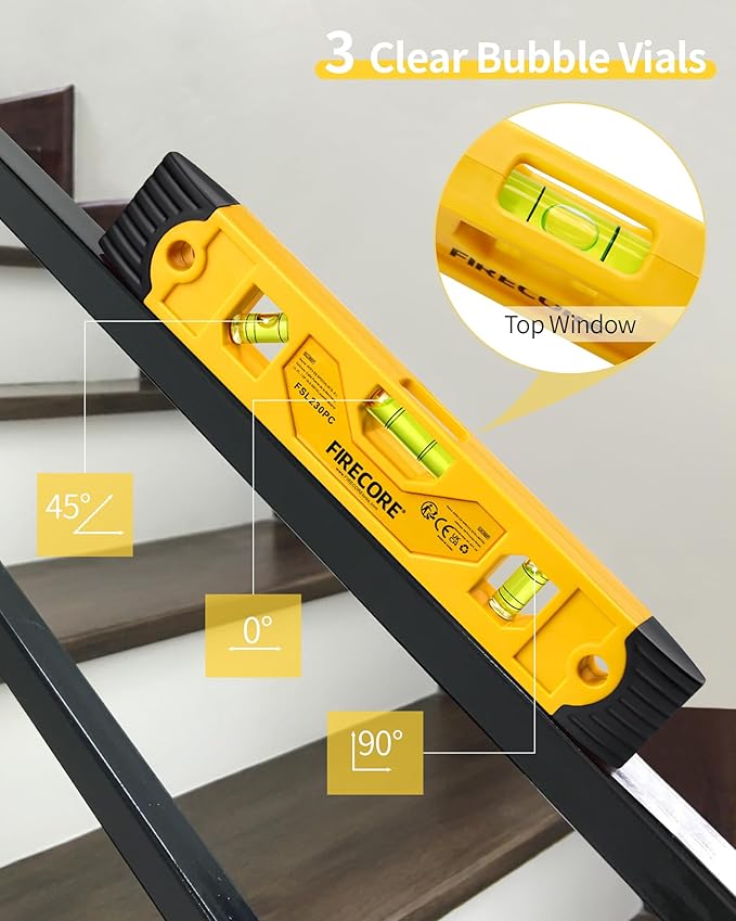 Torpedo Level Magnetic, Firecore 9 Inch Shockproof Small Leveler Tool with 3 Bubble Spirit Level 45 90 180 Degree, Construction Levelers for Hanging Pictures Install Shelf Home Renovation