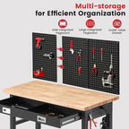 Work Bench for Garage 48 x 24 Inch Adjustable Height Workbenches with Drawers Heavy Duty Rubberwood Tabletop Work Table with Pegboard, Power Outlets for Office Home Commercial