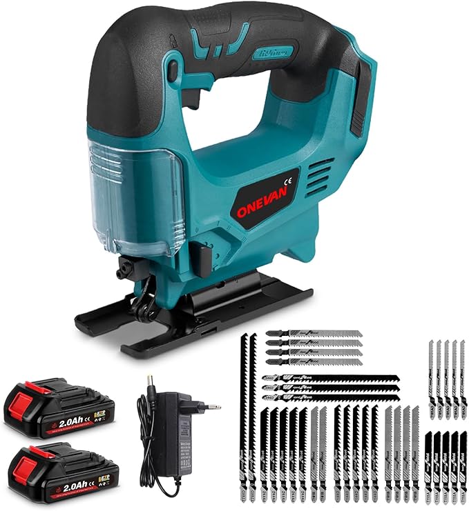 Cordless Jig Saw, 20V Electric Jigsaw with 2 Batteries and 35Pcs Cutting Blades, 3000 SPM Adjustable Speed, ±45° Bevel, Jigsaw Tool Kit for Straight, Curve, Bevel, Circle Cutting