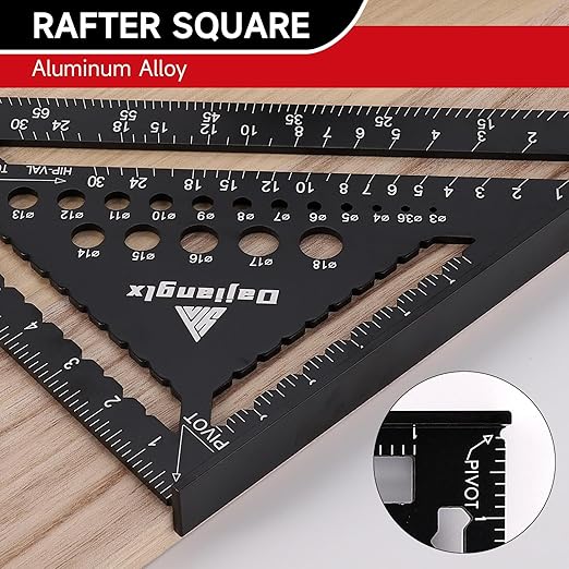 Carpenter Square 7 and 12 Inch Set, Aluminum Rafter Square Framing Suqare Double Scale Triangle Ruler, Protractor Measuring Hole for Woodworking and Carpentry Layout Tool Black with 2 Pencil