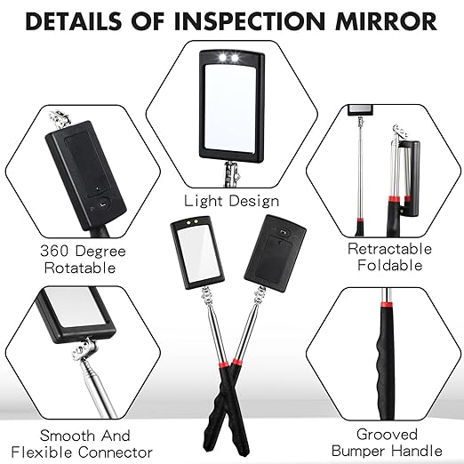1 Pcs Telescoping Inspection Mirror Mechanics Automotive Tool with Long Handle Extendable Mirror on a Stick for Technicians Mechanics Contractors Checking Observation (Black,Square with Light)