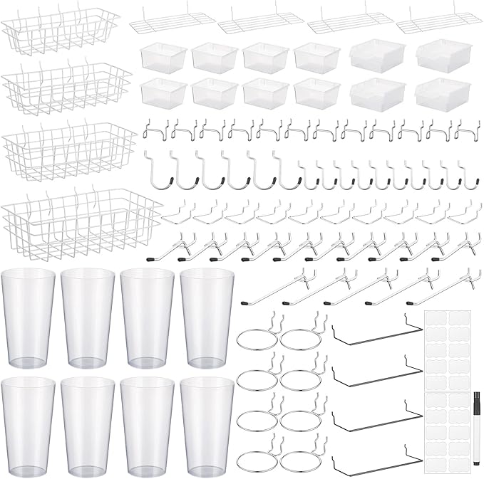 95 Pieces Pegboard Accessories Set Including Pegboard Storage Basket with Hooks Pegboard Cups with Holder Wire Shelf Tissue Storage Box Clothes Board for Garage Storage Craft Workshop (Clear)