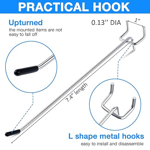 Moxweyeni 100 Pcs Pegboard Hooks Peg Board Organizer Accessories Holders Hanging Stainless Steel Display Wall Hooks for 1/8 and 1/4 Pegboard Wall for Garage Storage Tools(8 Inch)