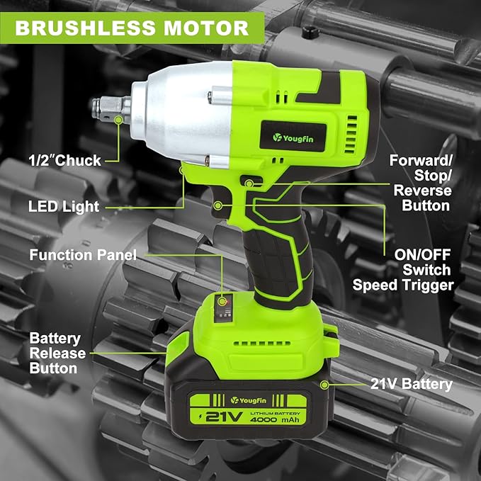 Yougfin Cordless Impact Wrench 1/2 with 550N.M High Torque & Brushless Motor, Power Impact Gun with Li-ion 4.0Ah Battery - Ideal for Automotive Repairs, Home Improvement, Green & Black