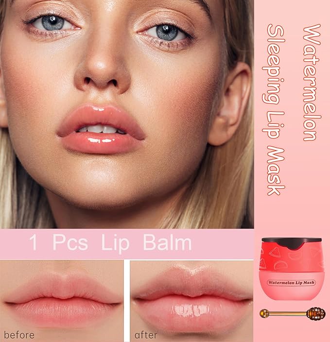 1 PCS Bee Lip Balm Honey Pot, Exfoliating Watermelon Bee Lip Balm Sleeping Lip Mask Overnight with Sticks, Honey Pot Lip Balm Prevention Dry Hydrating and Crack Lip Scrubs-VeraVaultWomen