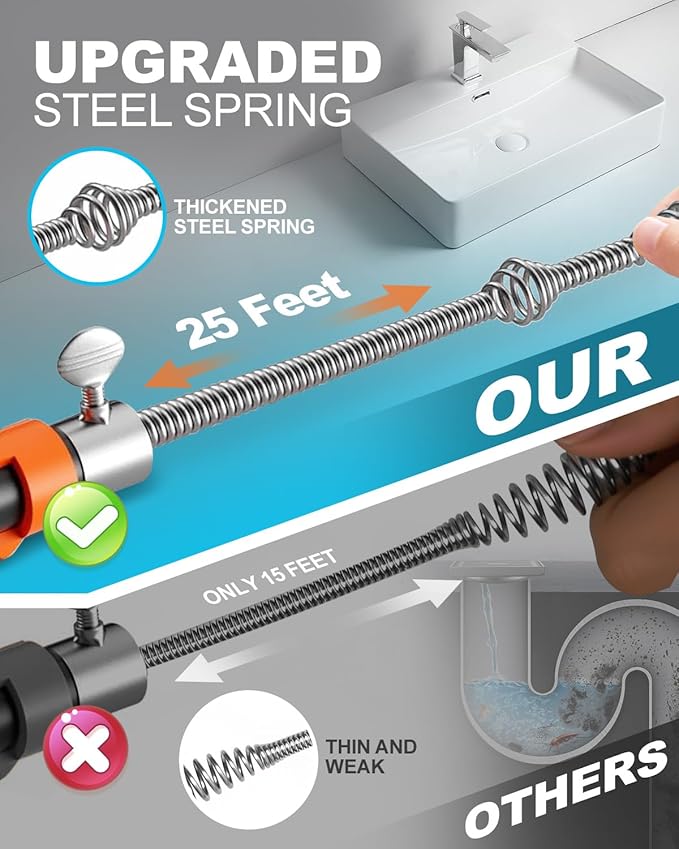 Drain Auger, Plumbing Snake with Drill Adapter, 25 ft Flexible Drain Snake Clog Removal Tool Use Manually or Powered for Kitchen Bathroom Shower Sink, Come with Gloves and Cloth Bag (Orange)