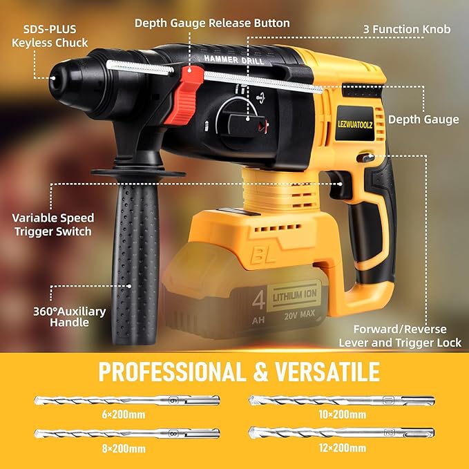 7/8" Rotary Hammer Drill Compatible with Dewalt 20V MAX Battery, Brushless SDS 2.6 Joules Rotary Hammer Drill, 4 Modes with 360°Auxiliary Handle and 5 Drill Bits Kitbox (Tool Only)