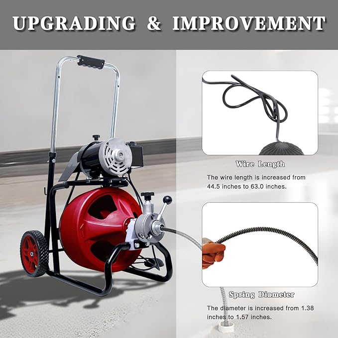 50FT x 3/8 inc Electric Drain Cleaner Machine, Auto-Feed Sewer Snake Auger for 1-1/4" to 2" Pipes, Portable Plumbing Snake with Foot Switch and 8 Cutter Heads for Sink, Bathtub & Shower Clogs