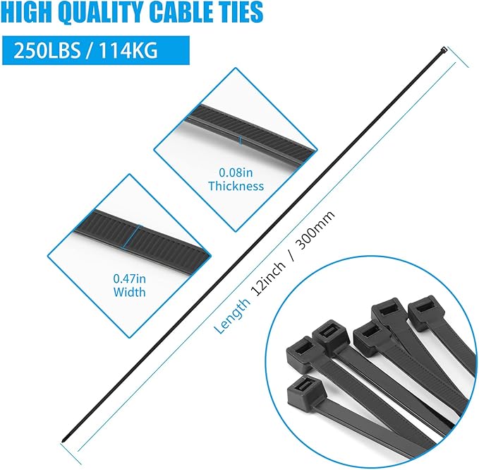 12 inch Black Zip Ties Heavy Duty 80 PCS, 250 LBS Ultra Exclusive Strong Plastic Wire Ties, Large Cable Ties Extra Long Tie Wraps, Indoor and Outdoor UV Resistant