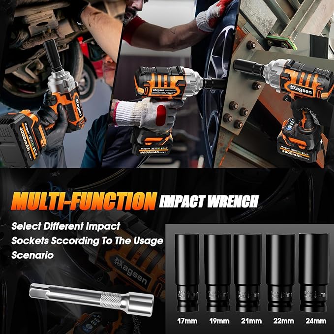 1/2 inch Cordless Impact Wrench, High Torque 900Ft-lbs (1200N.m) Brushless Impact Gun,3800RPM,2x4000mAh Battery, 6 Sockets,LED Light,Electric Impact Motor Variable Speeds for Car/Mower/Pickup