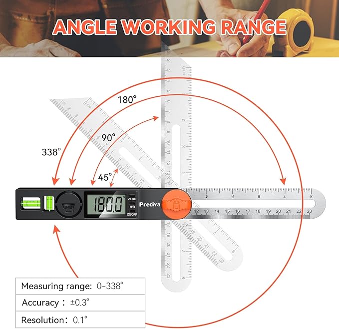 Preciva T-Bevel Gauge & Protractor with Horizontal and Vertical Bubble,0-338° Digital Angle Finder Protractor 230mm/8inch Display for Carpentry Woodworking, Metalworking, Construction
