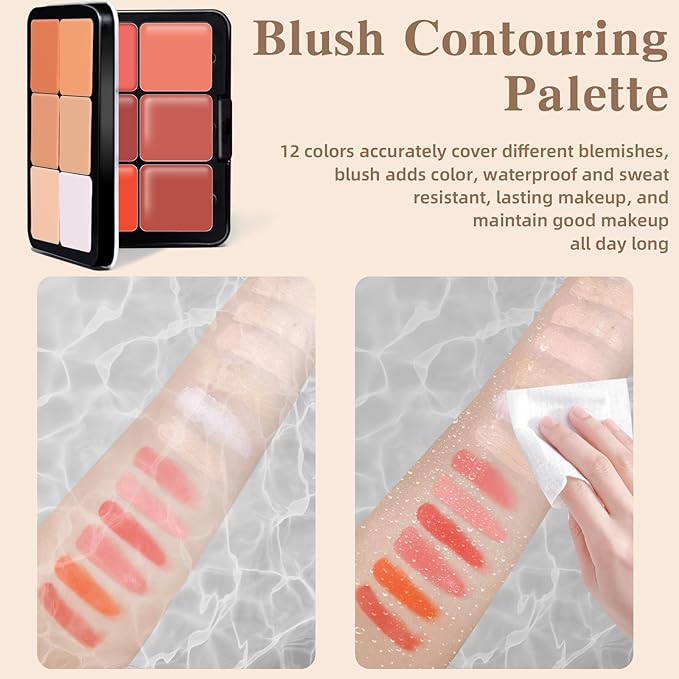12 Colors Cream Blush Palette, Color Correcting Concealer Foundation Palette, Long Wearing Smudge Proof Blendable Matte Finish Blush Powder Highlighter and Cream Contour Palette Makeup (01)-VeraVaultWomen