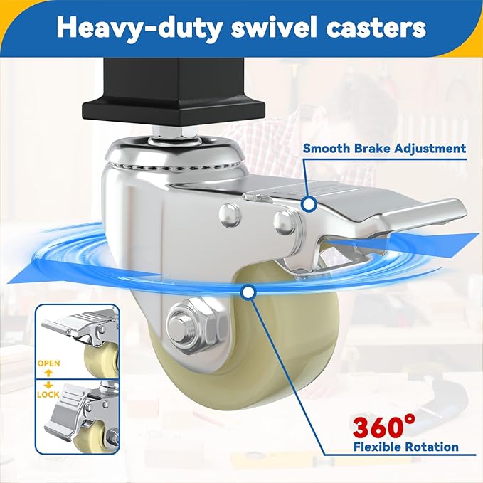 60” Heavy-Duty Solid Wood Work Bench Work Table with Wheels, Adjustable Height Portable Workbench with Power Outlets, 3000 Lbs Capacity Workstation for Garage, Workshop