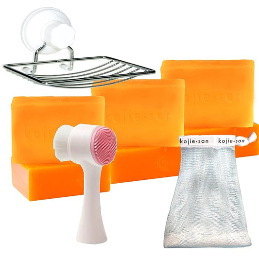 Kojie San Face & Body Skin Brightening Shower 9pc Set - the Original Kojic Acid Soap that Helps Reduce Dark Spots 6 x 135g Bars, Soap Dish and Facial Cleansing Brush…-VeraVaultWomen