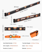 VEVOR 4-Piece Torpedo Level, 48/24/16/10 Inch Box Levels Set, Fluorescent Light Up Bubble Vials Ruler for 45/90/180 Degree, Aluminum Alloy Magnetic Leveler Tool, Shock-Proof(Only 10-inch has magnetic)