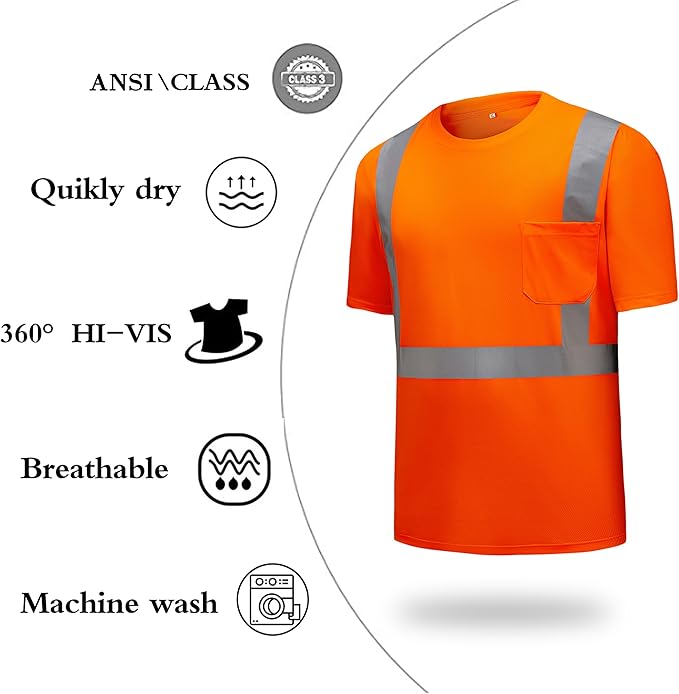 High Visibility Shirts Quick Dry Safety T Shirts with Reflective Strips and Pocket Short Sleeve Mesh Hi Vis Construction Work Class 2 Shirt for Men/Women Orange,5XL