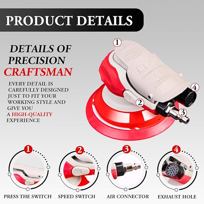 5/6 Inch Pneumatic Orbital Air Sander High-Speed DA Sander for auto body/Ideal for Woodworking, Auto Polishing, and Metal Sanding (5 inch)