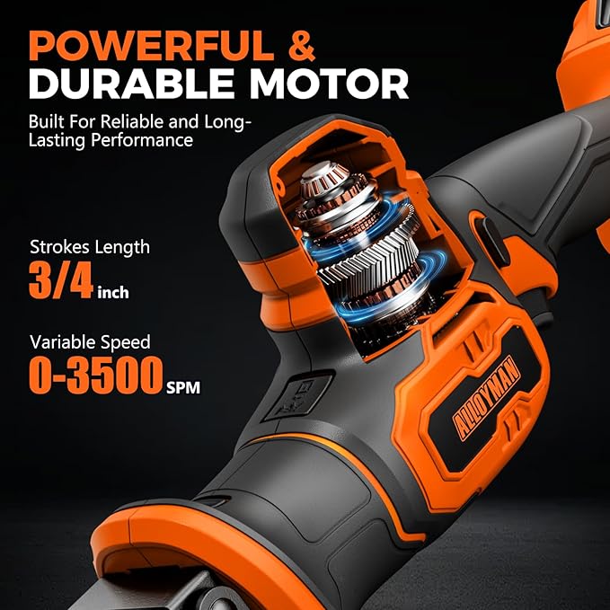 Alloyman Reciprocating Saw, 20V Cordless Battery Power Saw, with 2 X 2.0Ah Batteries & Charger, 0-3500 SPM Variable Speed, Tool-Free Change, 5 PCS Blades for Wood Metal PVC Pipe Tree Cutting