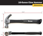 Titan 63020 16oz Claw Hammer, Forged Steel Head, 13" Shock Absorbing Fiberglass Handle with Textured Grip