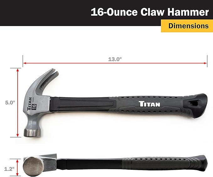 Titan 63020 16oz Claw Hammer, Forged Steel Head, 13" Shock Absorbing Fiberglass Handle with Textured Grip